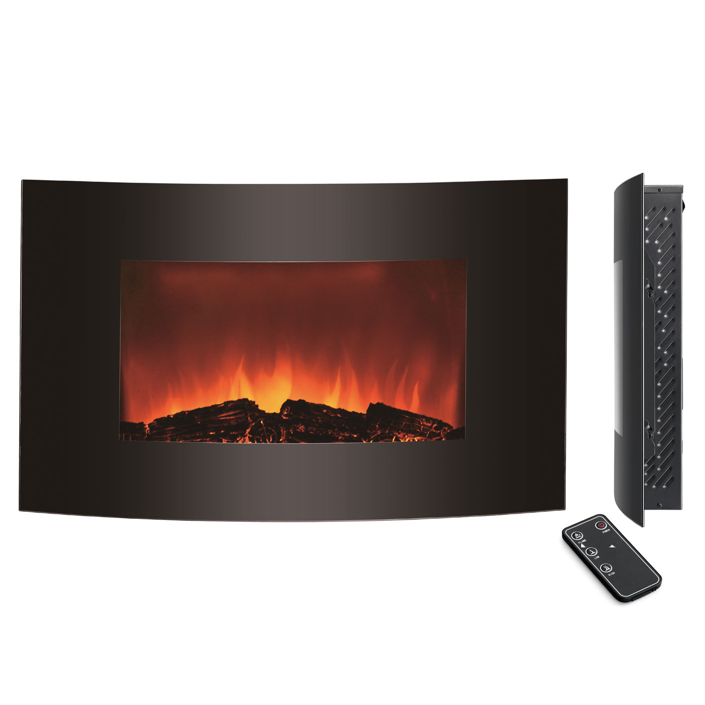 Curved Black Tempered Glass Panel Electrical Fireplace,Wall mounted Heater.