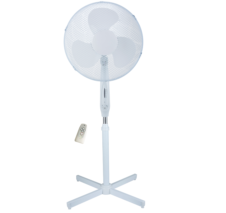 16 Inch Plastic Stand Fan with Remote Control, PP Body, Cross Base, Mesh Grill