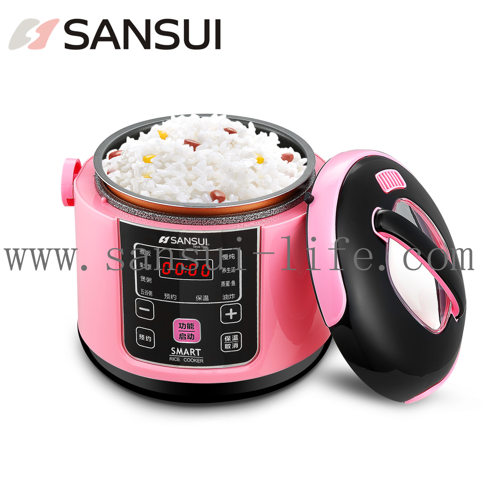 SANSUI SF-168 Intelligent Mini rice cooker，Small health cooker，2L，pink，carry conveniently，with 3C
